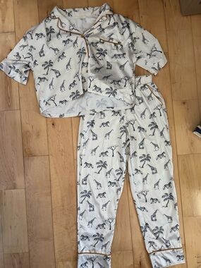 Z Supply Cream Pajama Set with Black Safari Print and Tan Piping